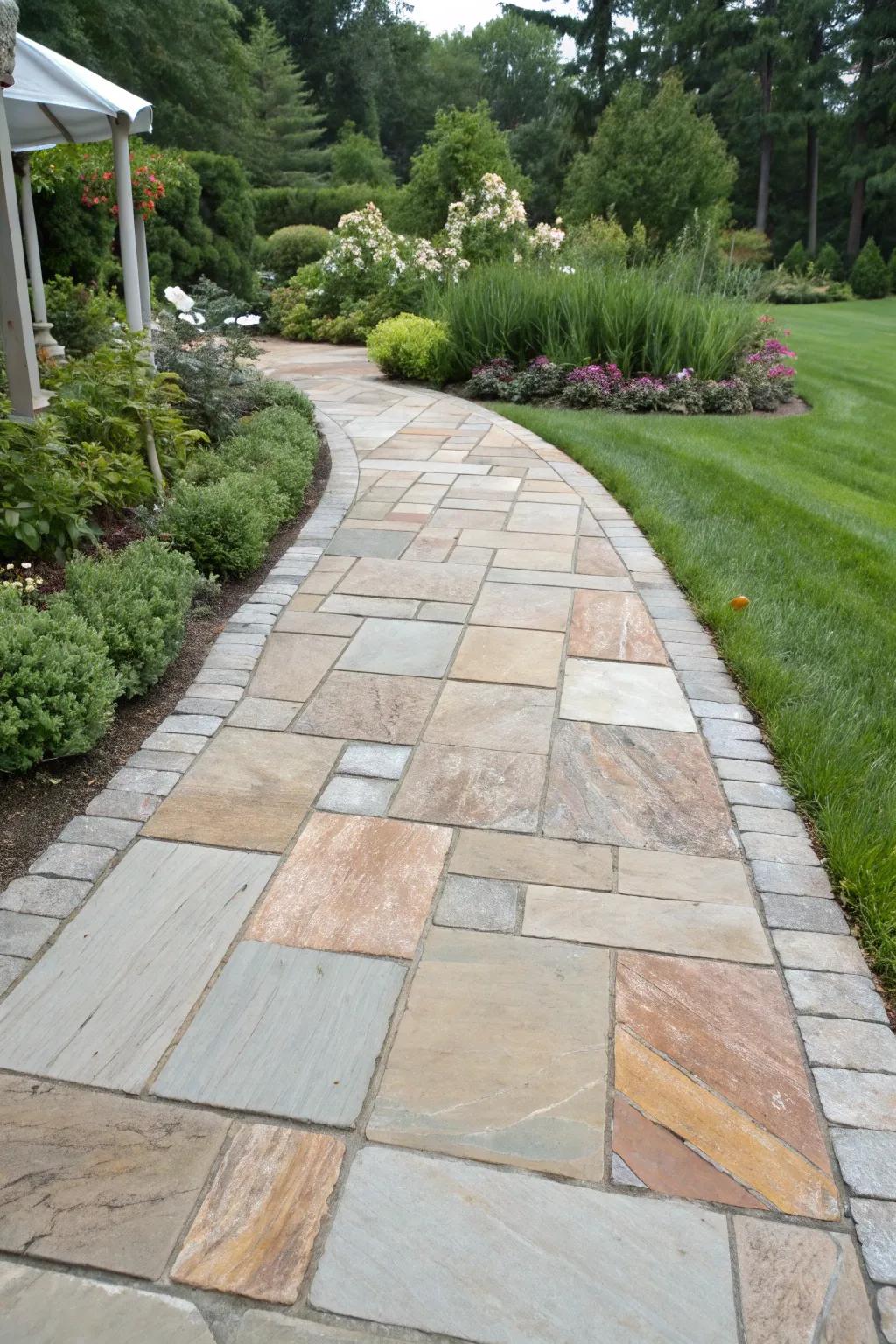 A durable walkway featuring natural quartzite pavers.