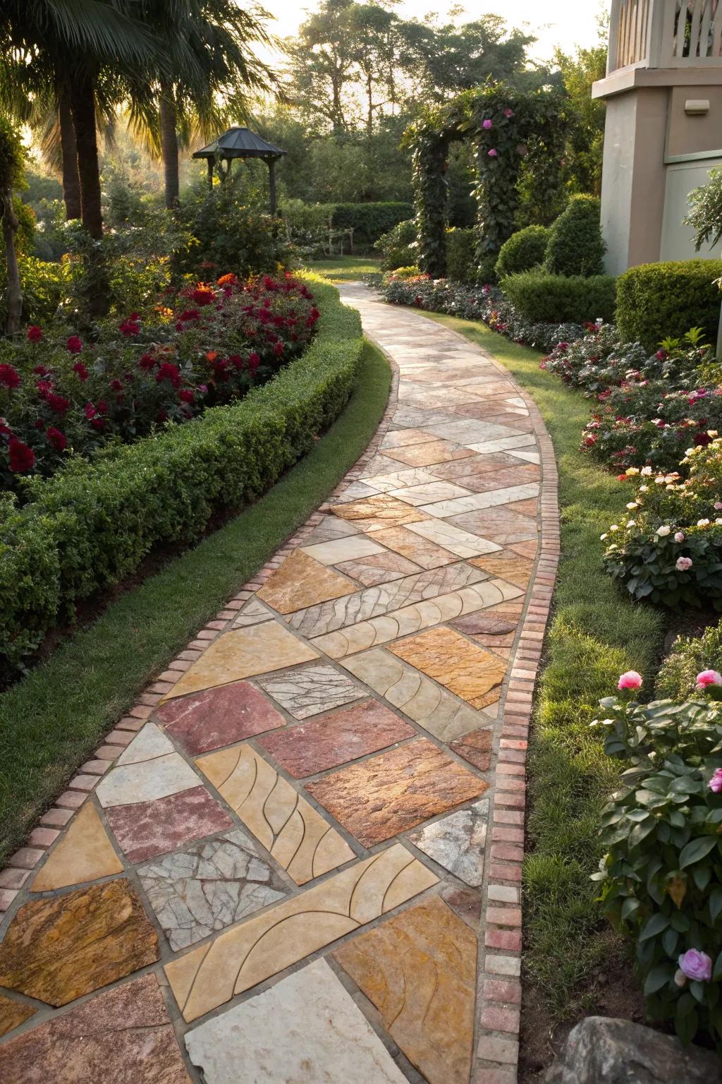 A luxurious walkway with colorful onyx pavers.