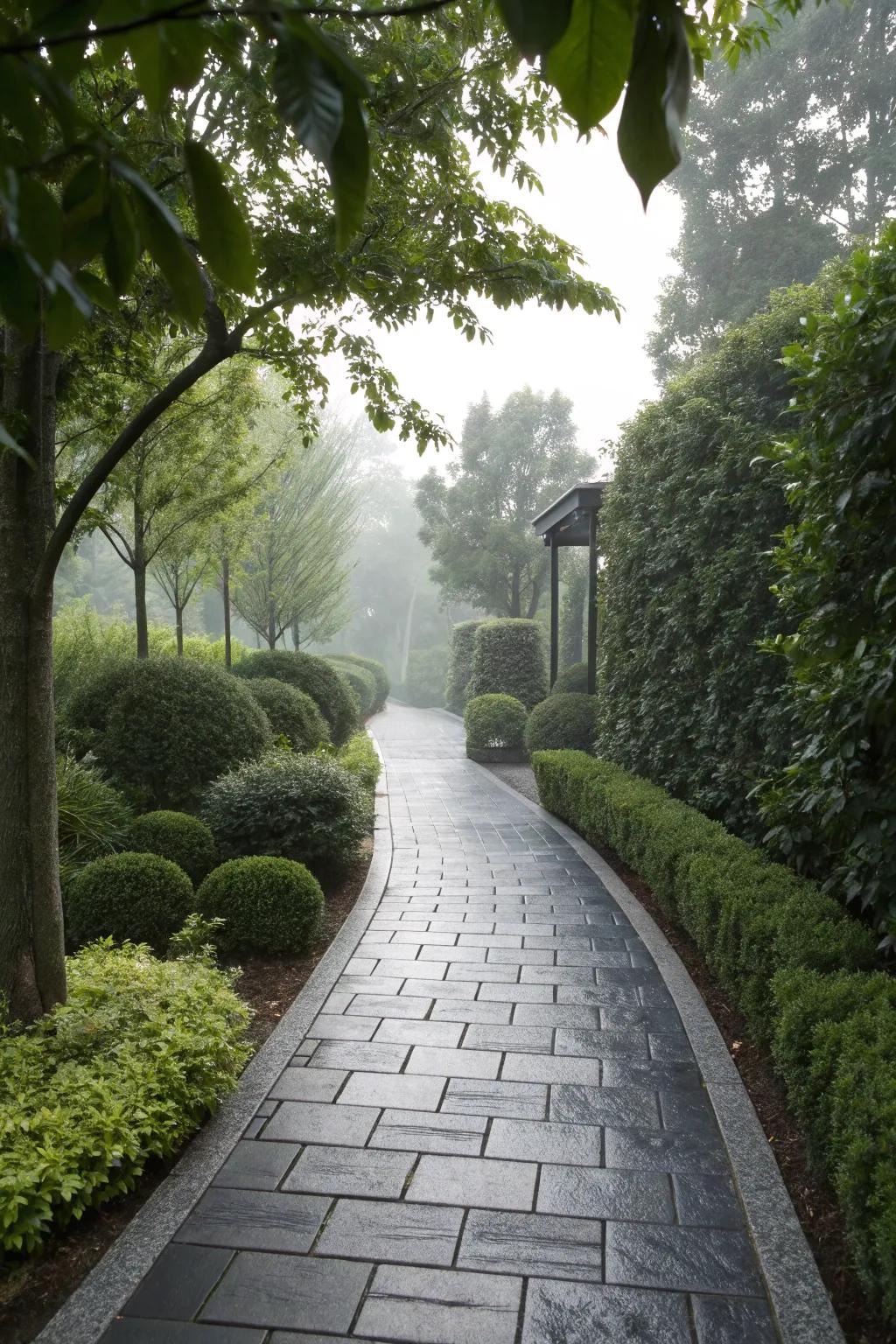 A walkway with the dark elegance of basalt pavers.