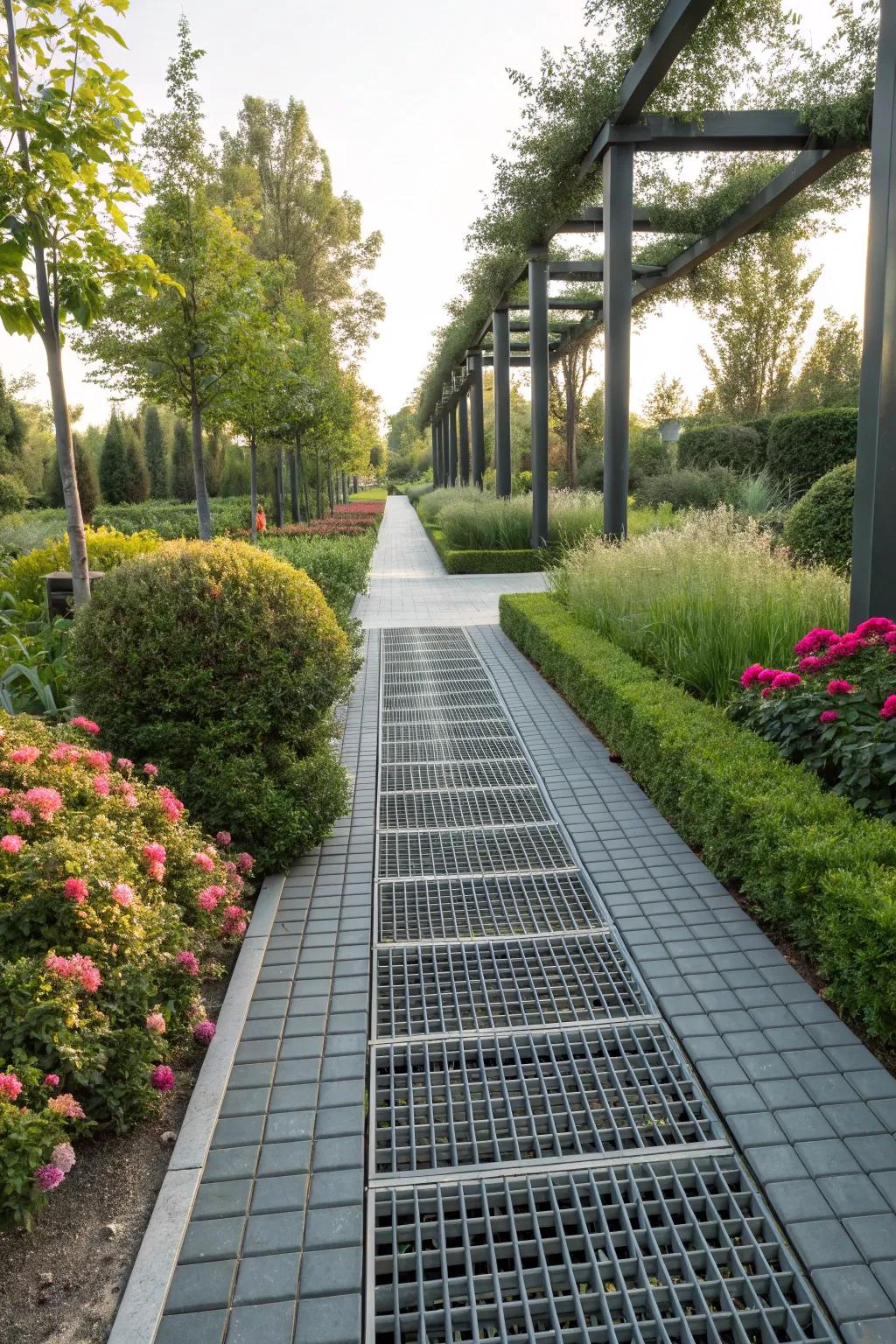 An industrial chic walkway with metal grid pavers.