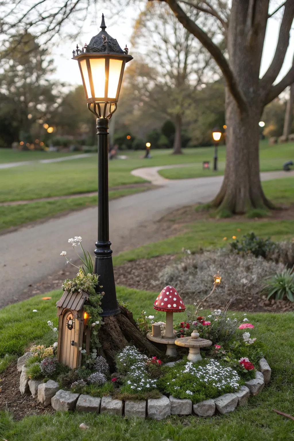 A fairy garden adds enchantment and imagination to your lamp post landscape.