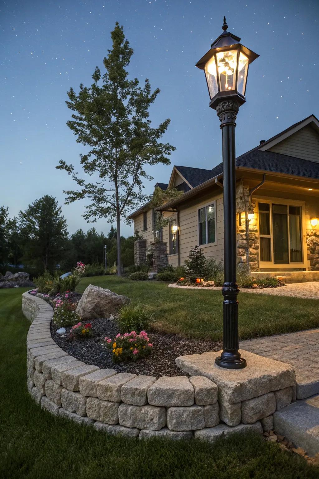 A stone border adds a touch of elegance to your front yard lamp post.