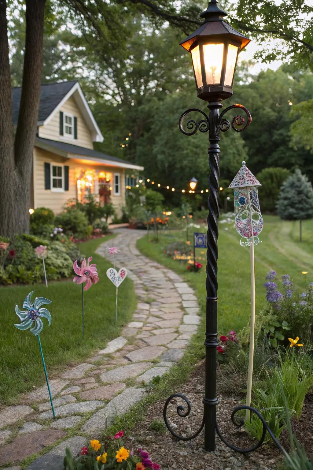 Garden art adds personality and charm to your lamp post area.