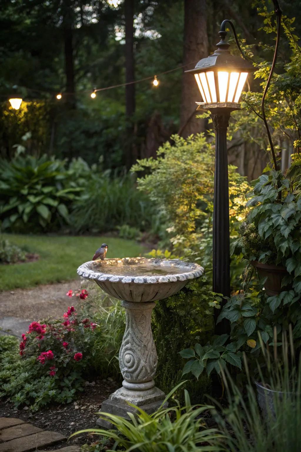 A decorative birdbath invites wildlife and enhances your garden's appeal.