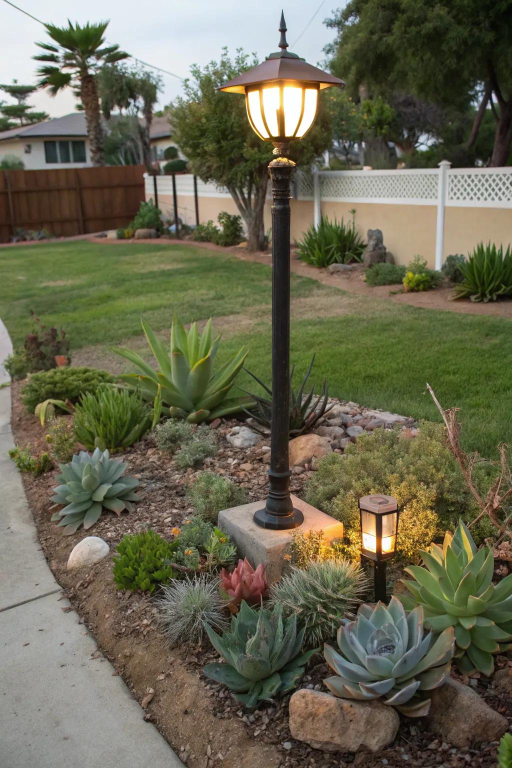 Succulents offer a low-maintenance, stylish option for lamp post landscaping.