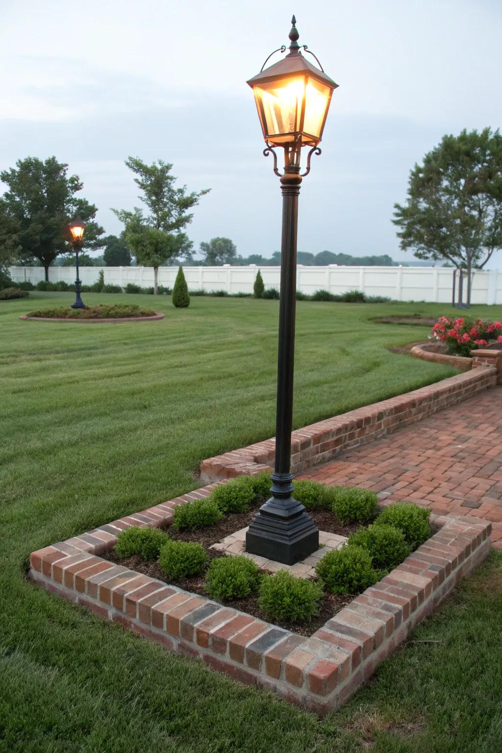 Brick edging defines the space and adds charm to your lamp post area.