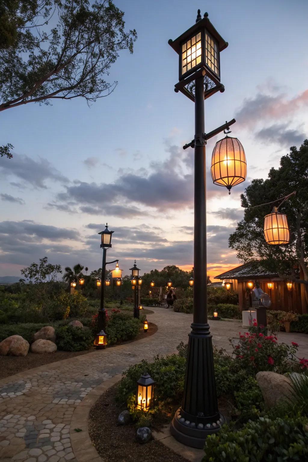 Solar lanterns add a magical glow to your lamp post landscaping.