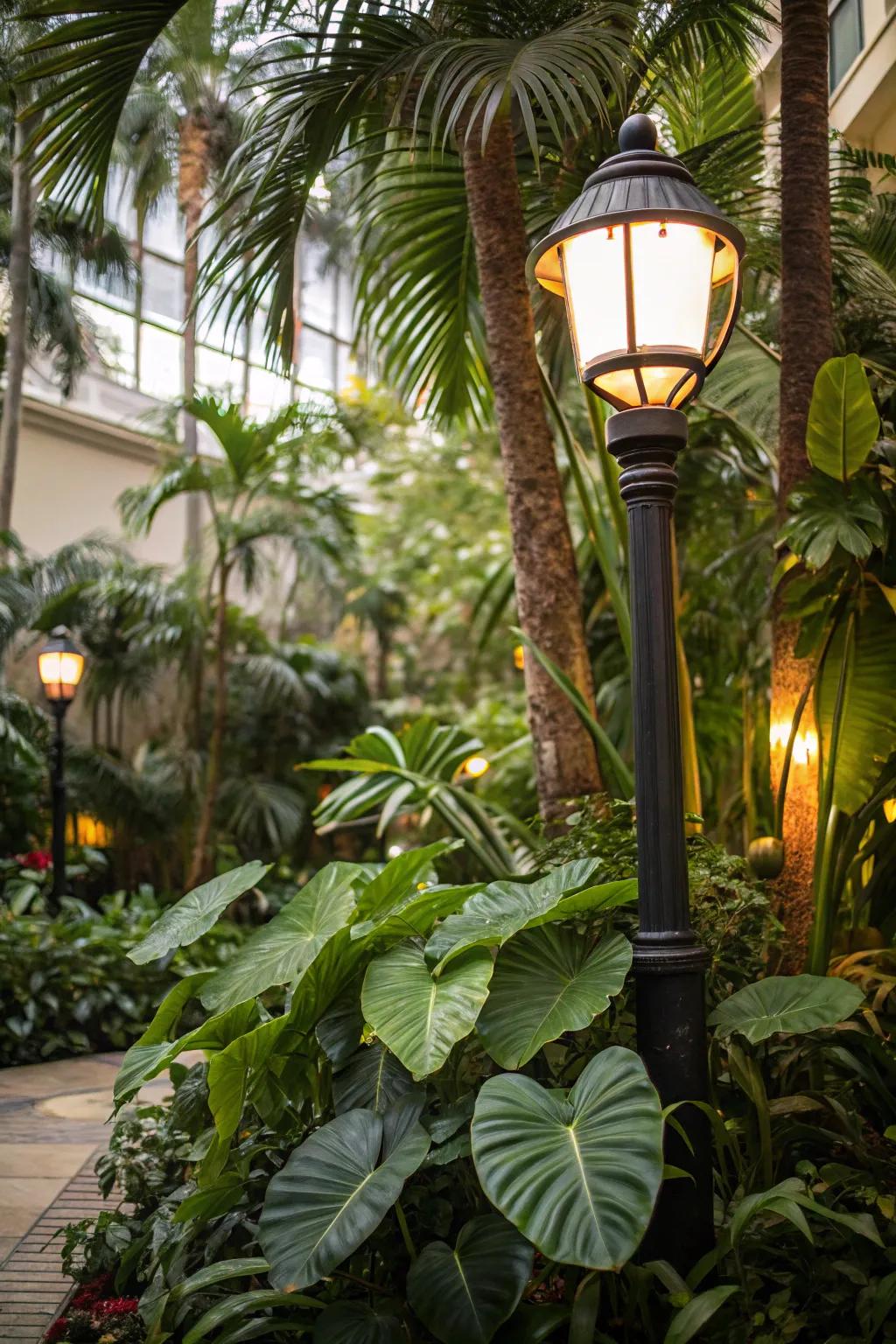 Tropical plants create an exotic and lush landscape around your lamp post.