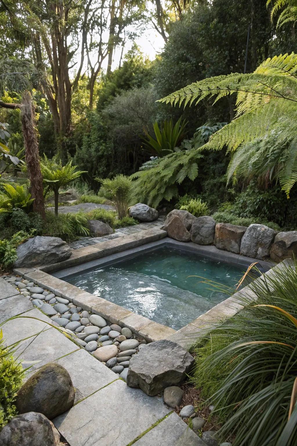 Lush greenery and stones create a natural spa retreat.
