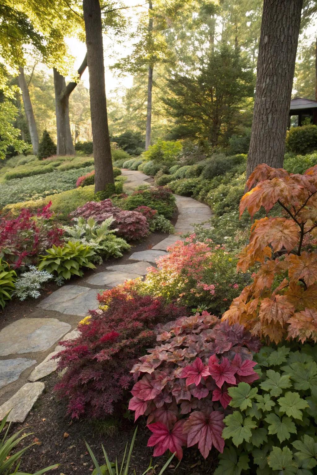 Bright foliage brings color to shaded areas.