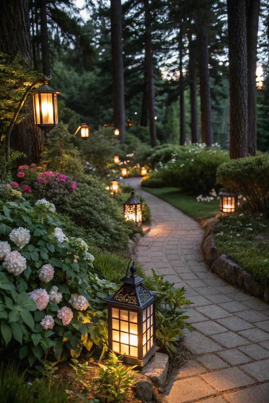 Lighting adds magic to evening gardens.