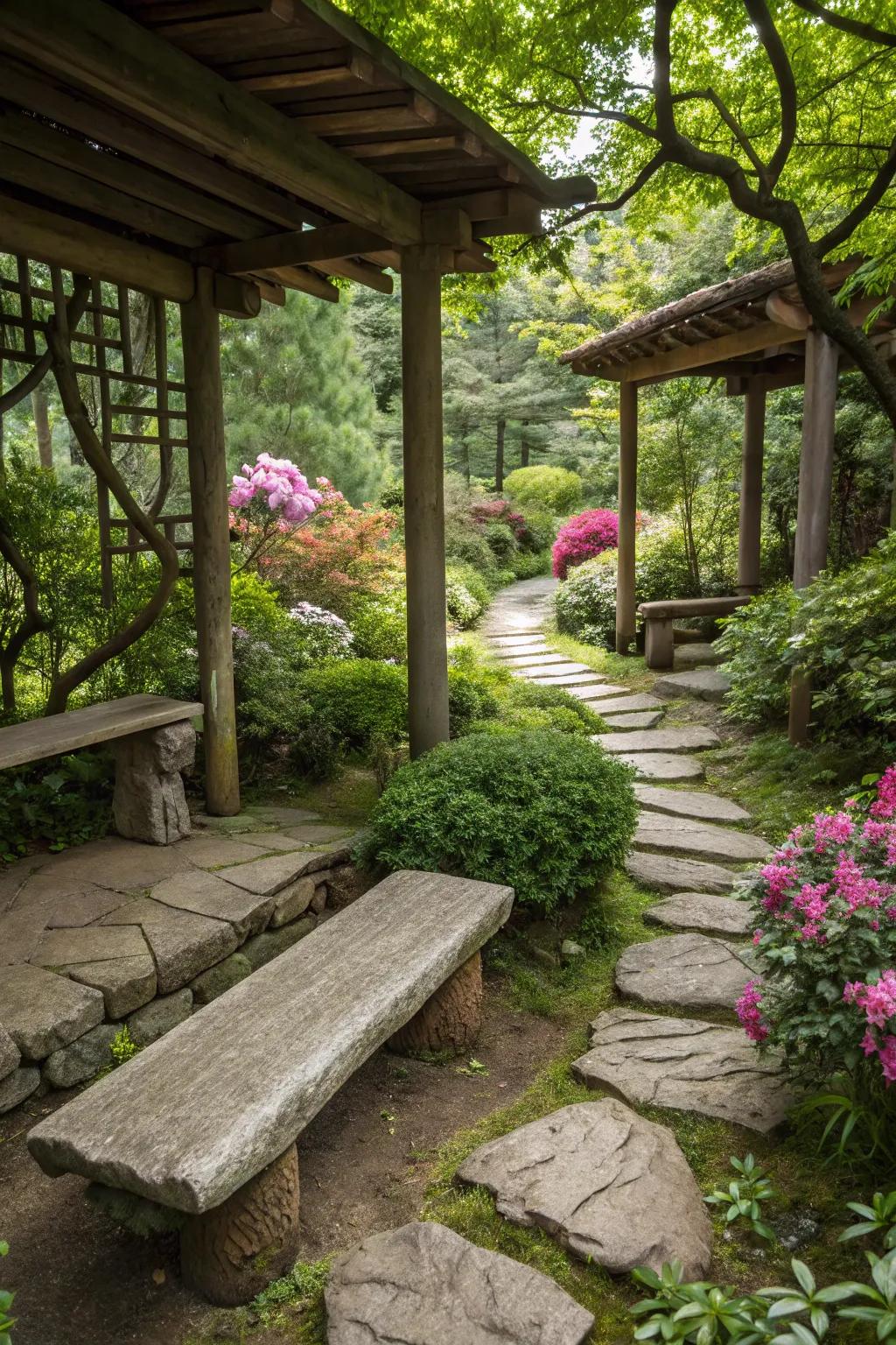 Natural materials enhance garden harmony.