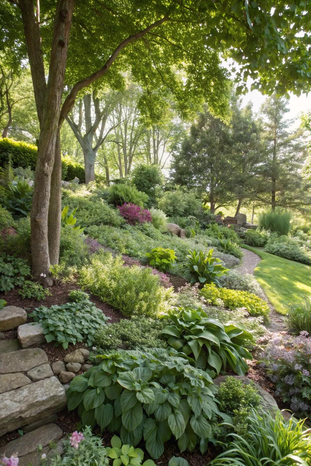 Layered planting adds depth to shaded gardens.