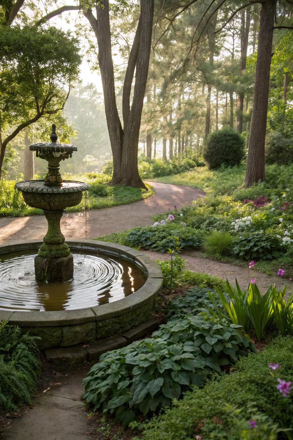 Water features add tranquility to shaded gardens.