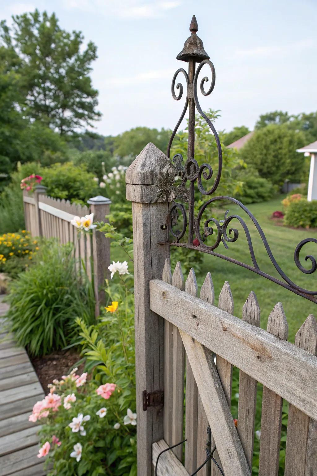 Wrought iron adds a modern twist to classic wood.