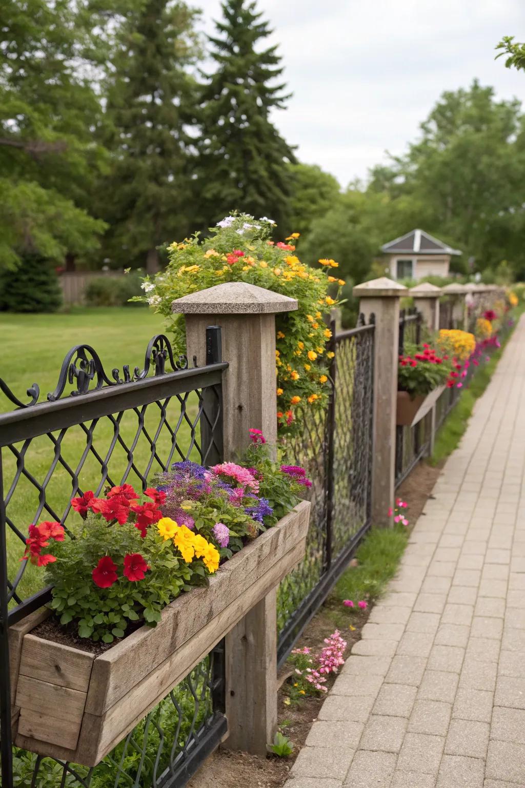 Planter boxes add vibrant color to your fence.