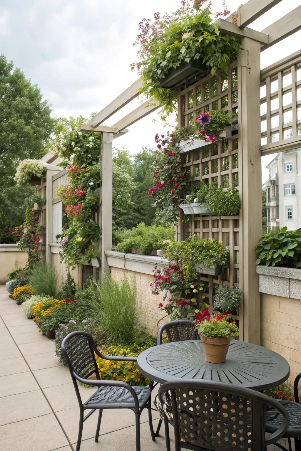 A practical and green privacy solution with trellis planters.