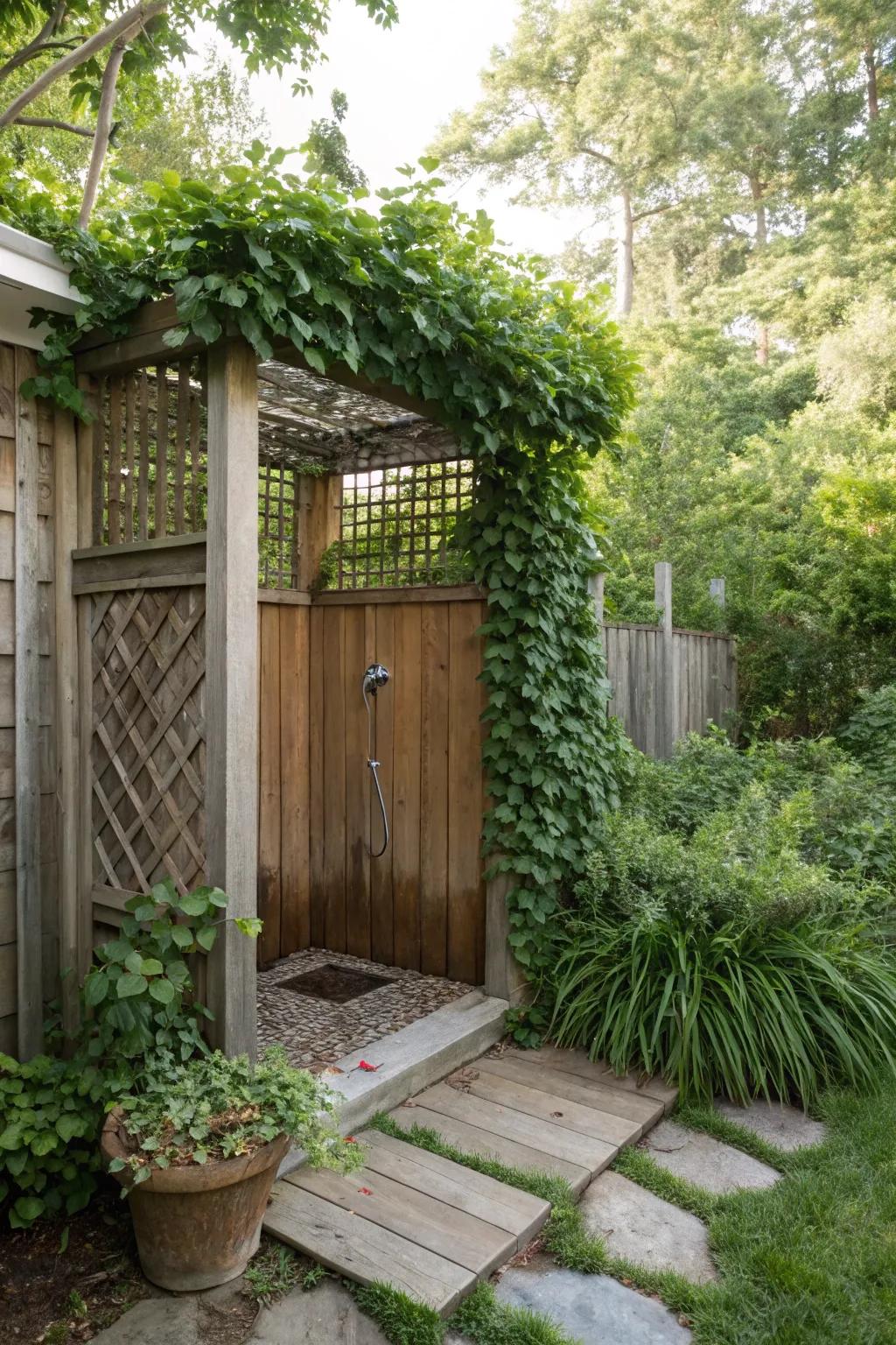 Secluded shower bliss with a privacy trellis.