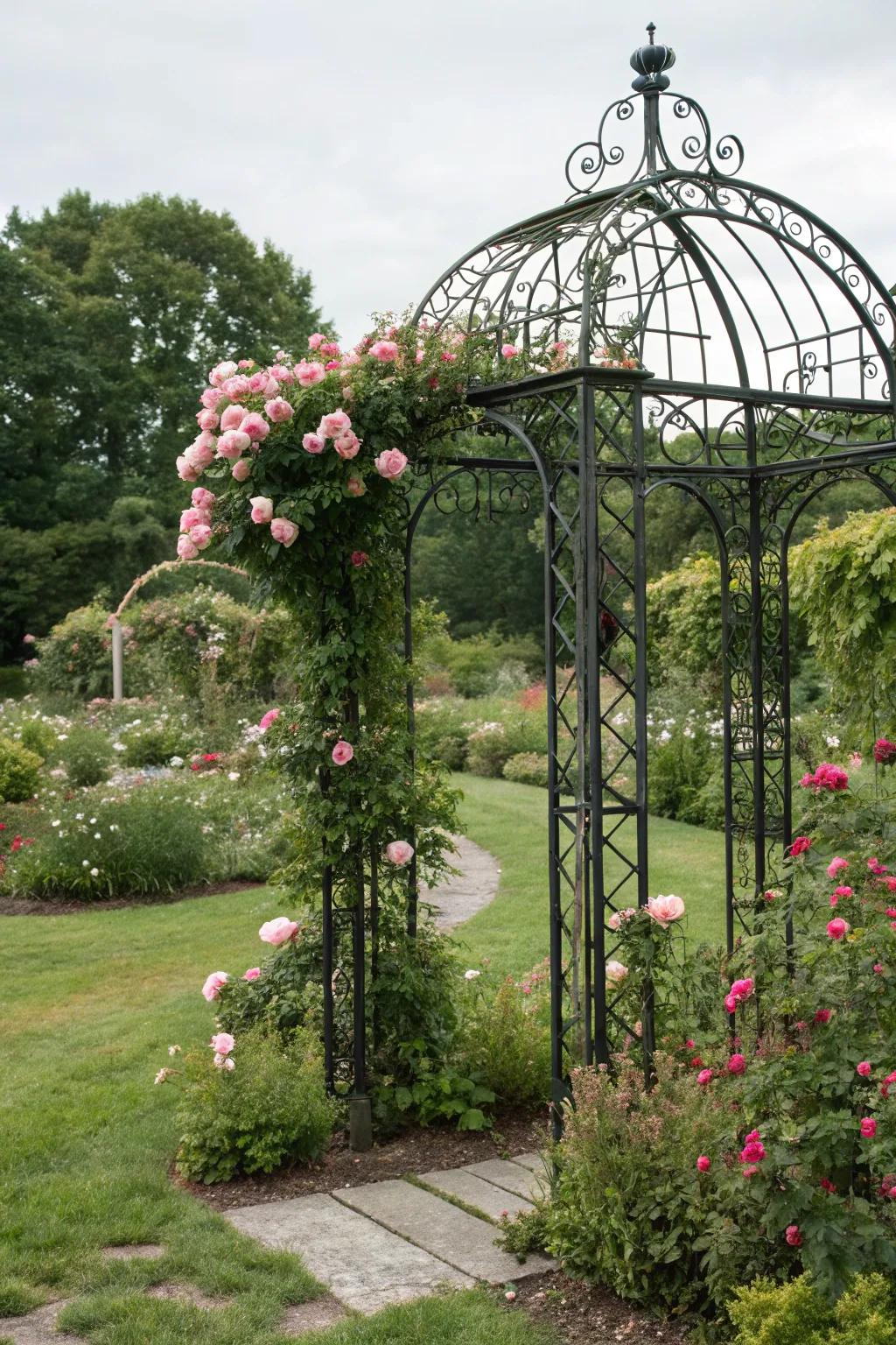 Vintage charm with a wrought iron trellis.