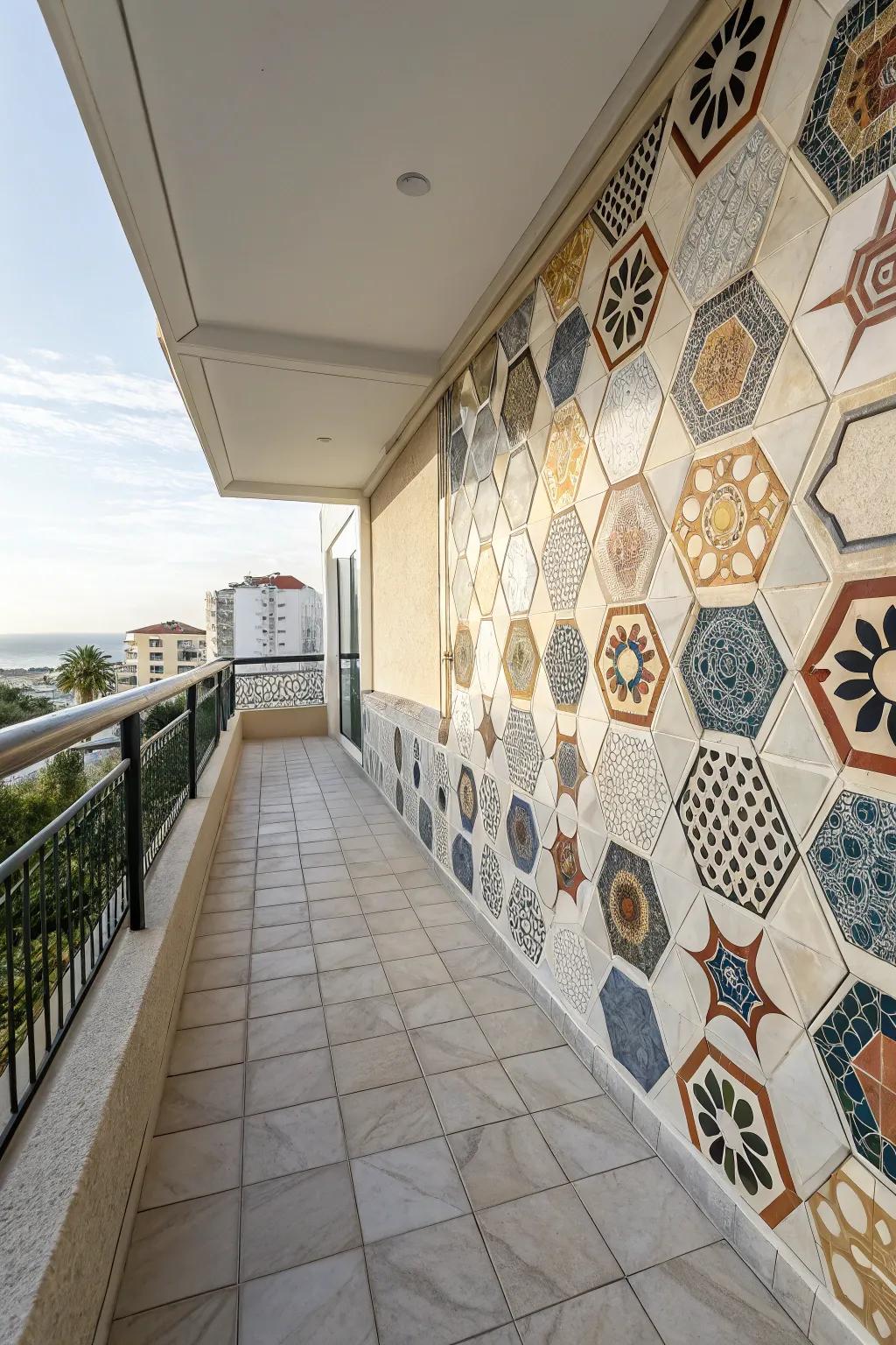 Geometric patterns offer a stylish and contemporary look for your balcony walls.