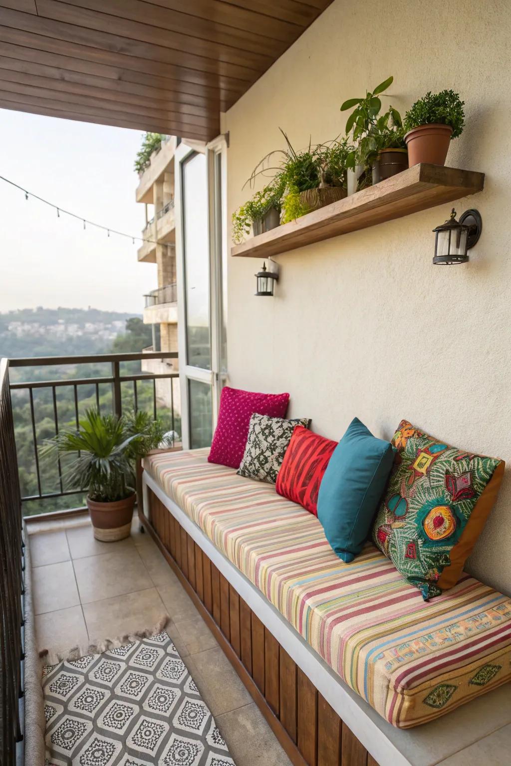 A wall-mounted bench offers a practical and cozy seating solution.