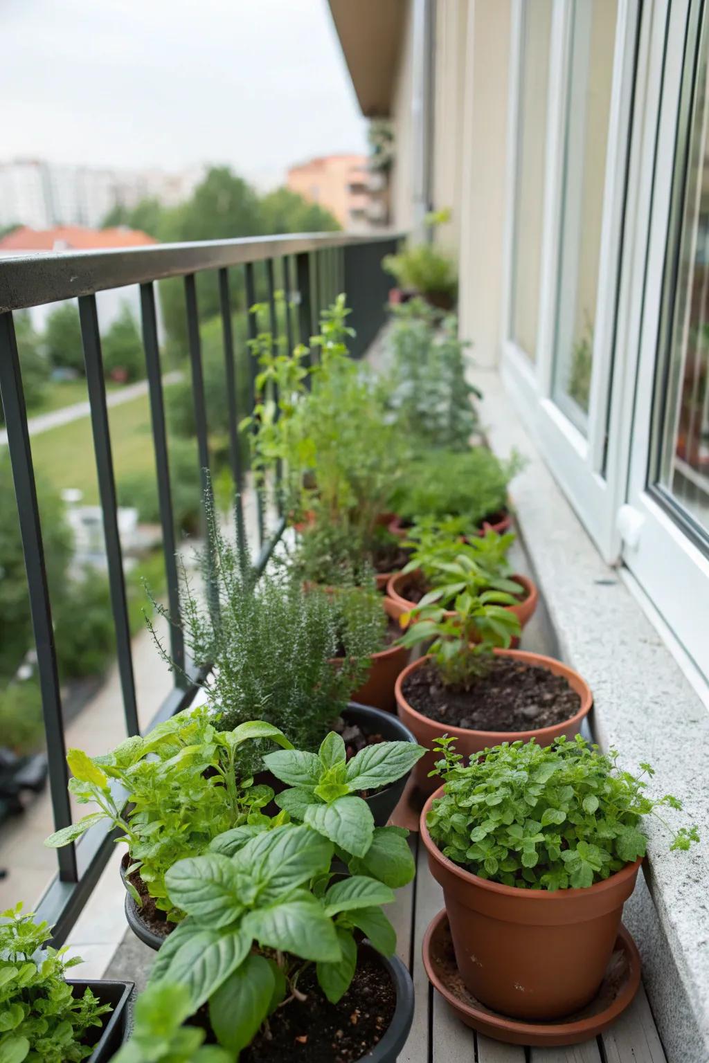 A mini herb garden brings fresh flavors and greenery to your balcony.