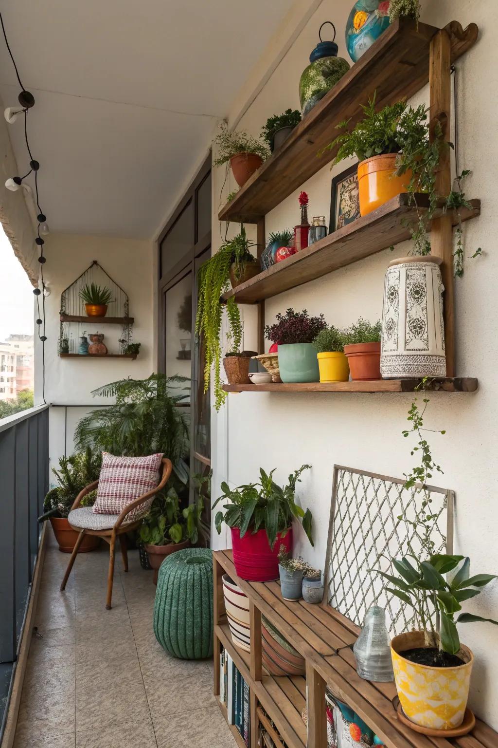 Wall-mounted shelves add practicality and style to your balcony.
