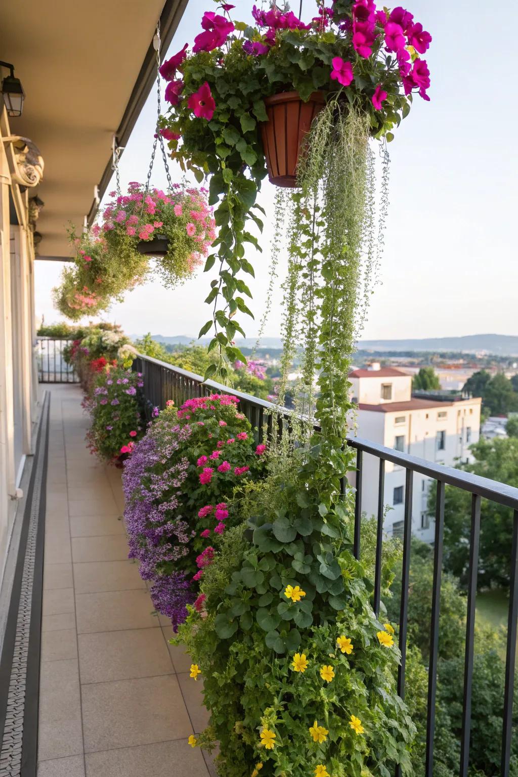 A hanging garden brings a vibrant and lush feel to your balcony.