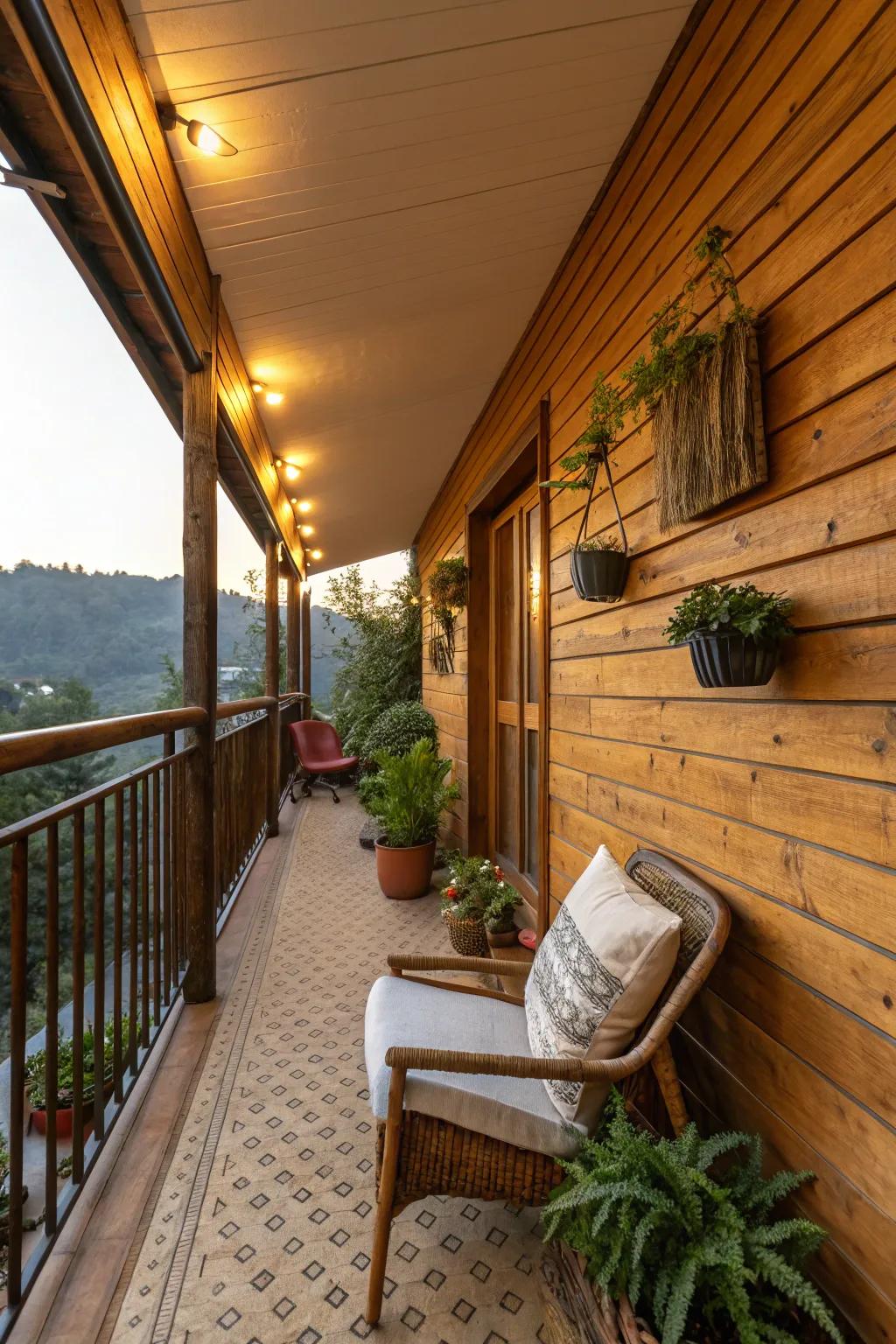 Wooden panels provide a warm and inviting feel to your balcony space.