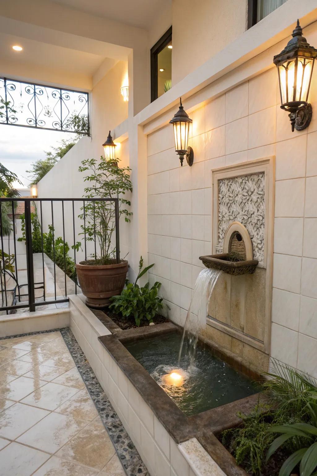 A water feature introduces a soothing and tranquil element to your balcony.