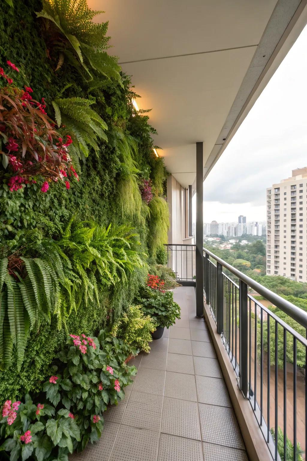 A living wall creates a dynamic and vibrant green space on your balcony.