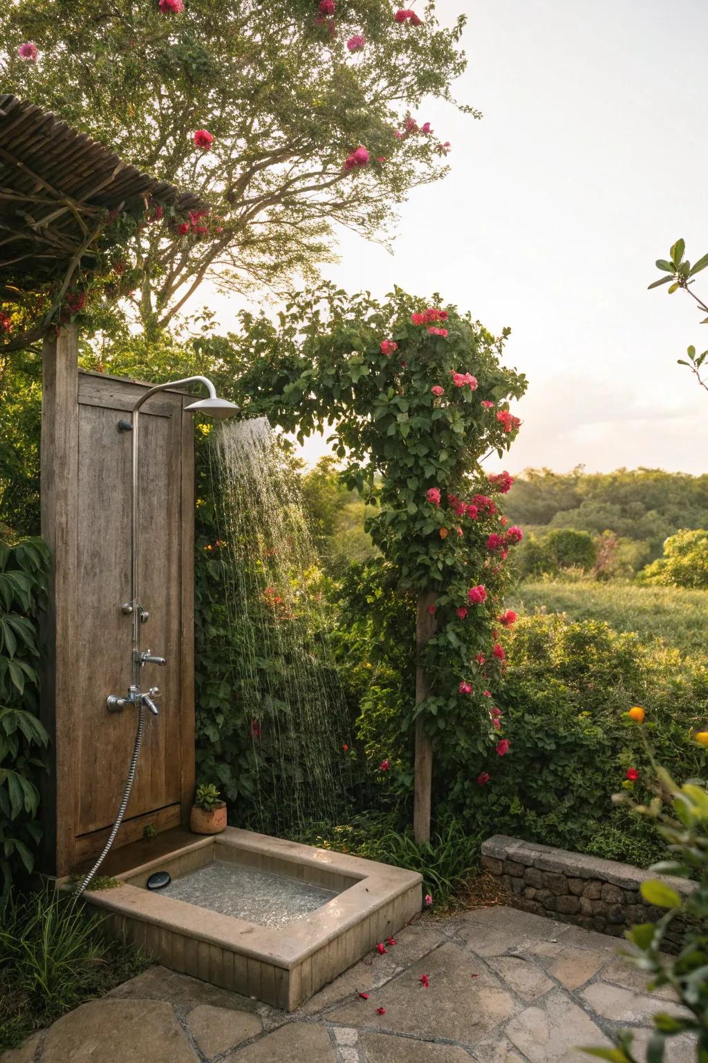 A lush green oasis enveloping the shower area.