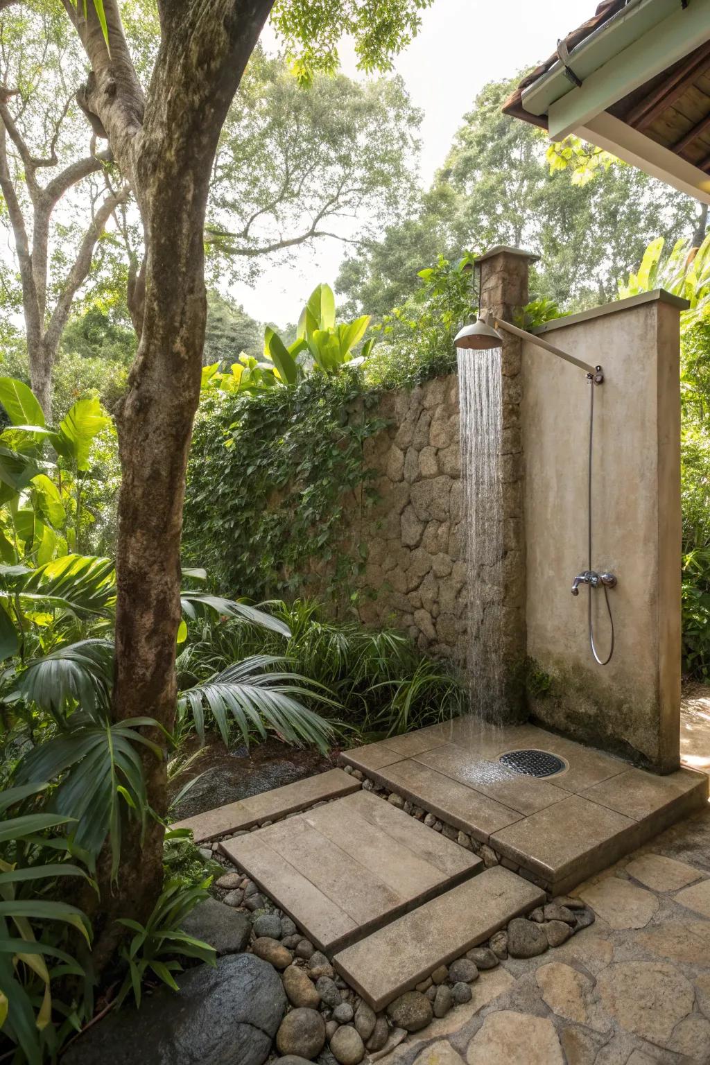 A rustic outdoor shower with a charming stone floor.