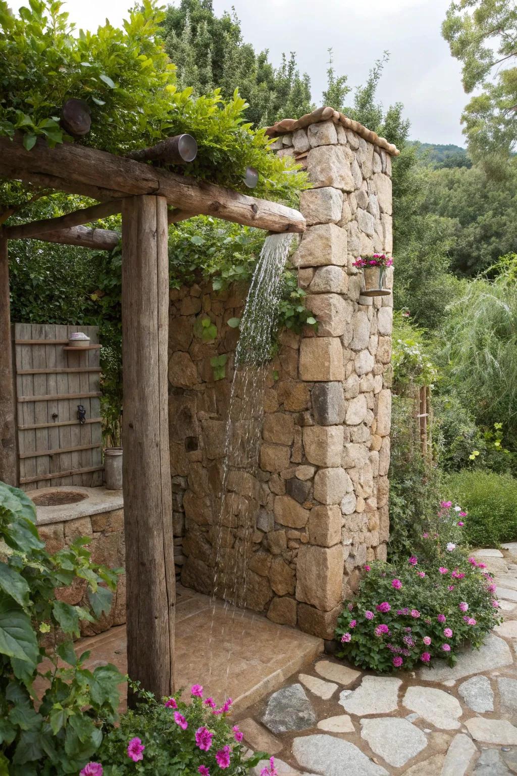 A natural stone wall for a harmonious shower backdrop.
