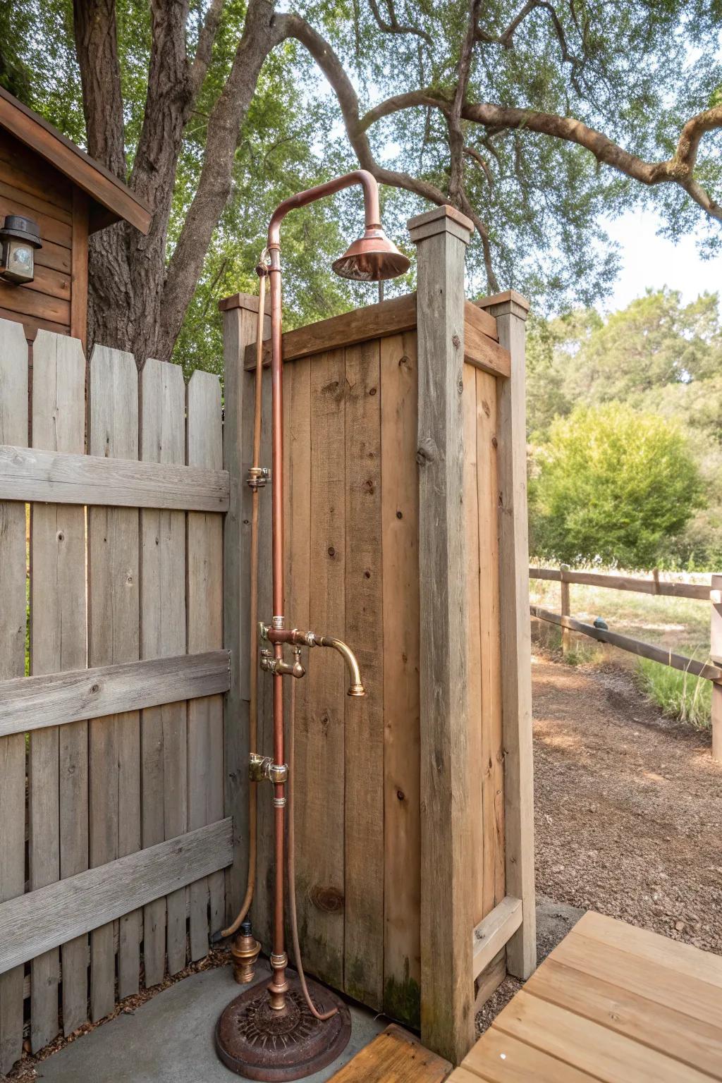 Copper fixtures adding a rustic touch to the shower.