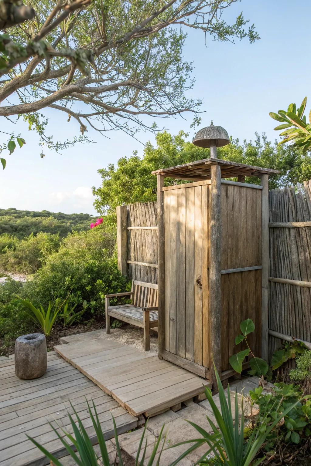 A sturdy wooden bench adds comfort and convenience.