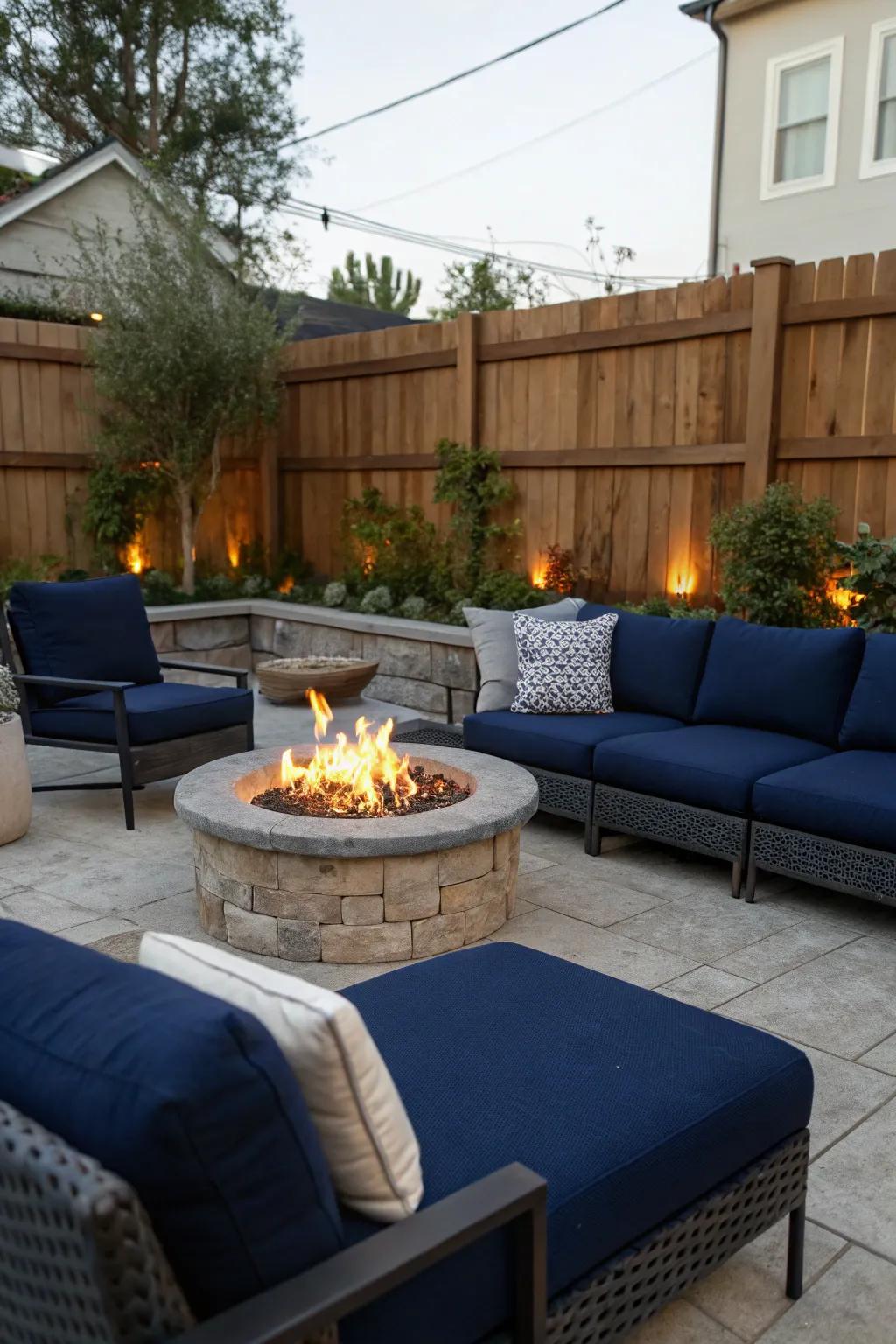 Warm up your evenings with a navy blue fire pit area.