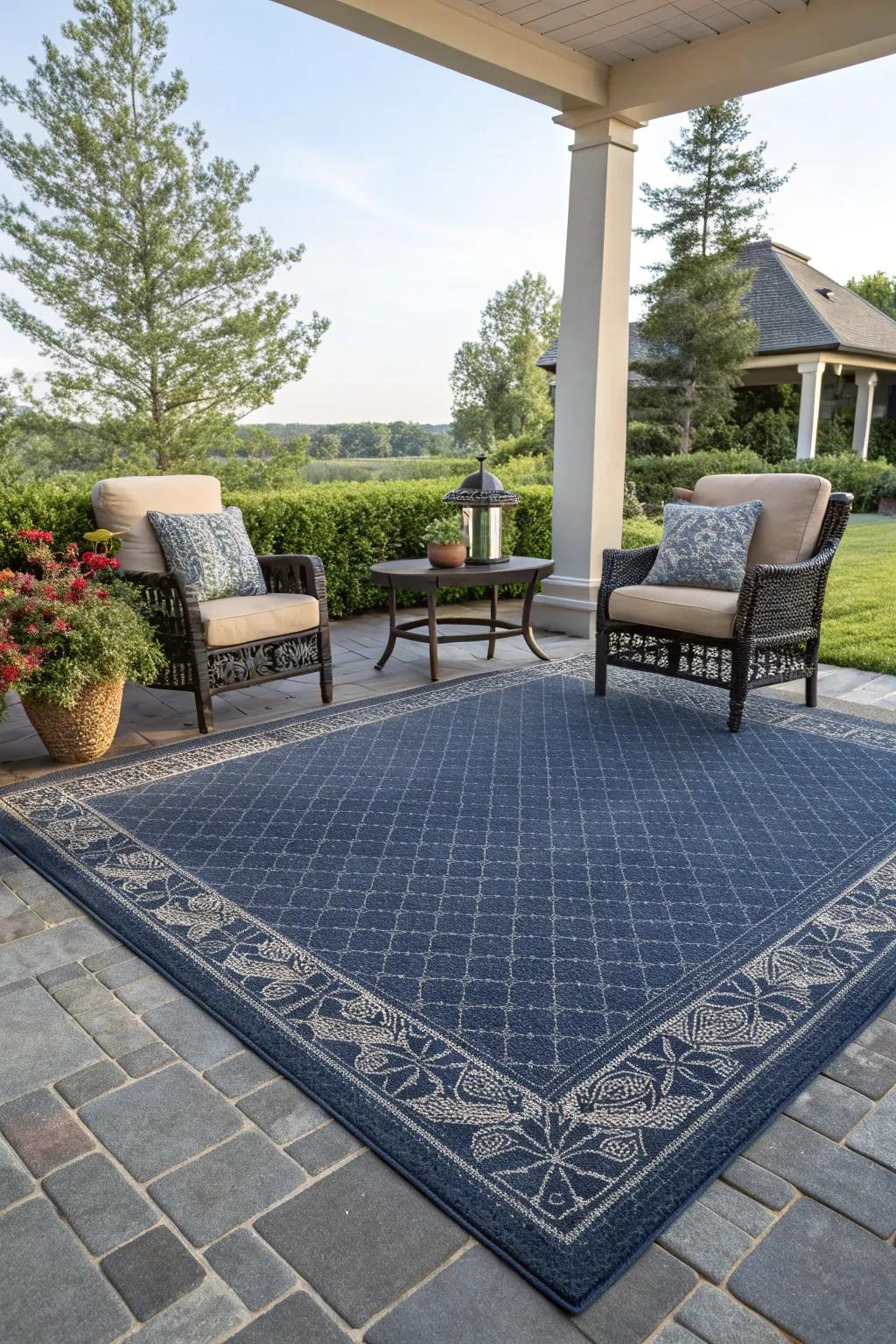 Define your space with a stunning navy blue outdoor rug.
