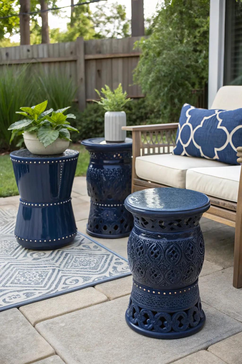 Add versatility with navy blue garden stools.
