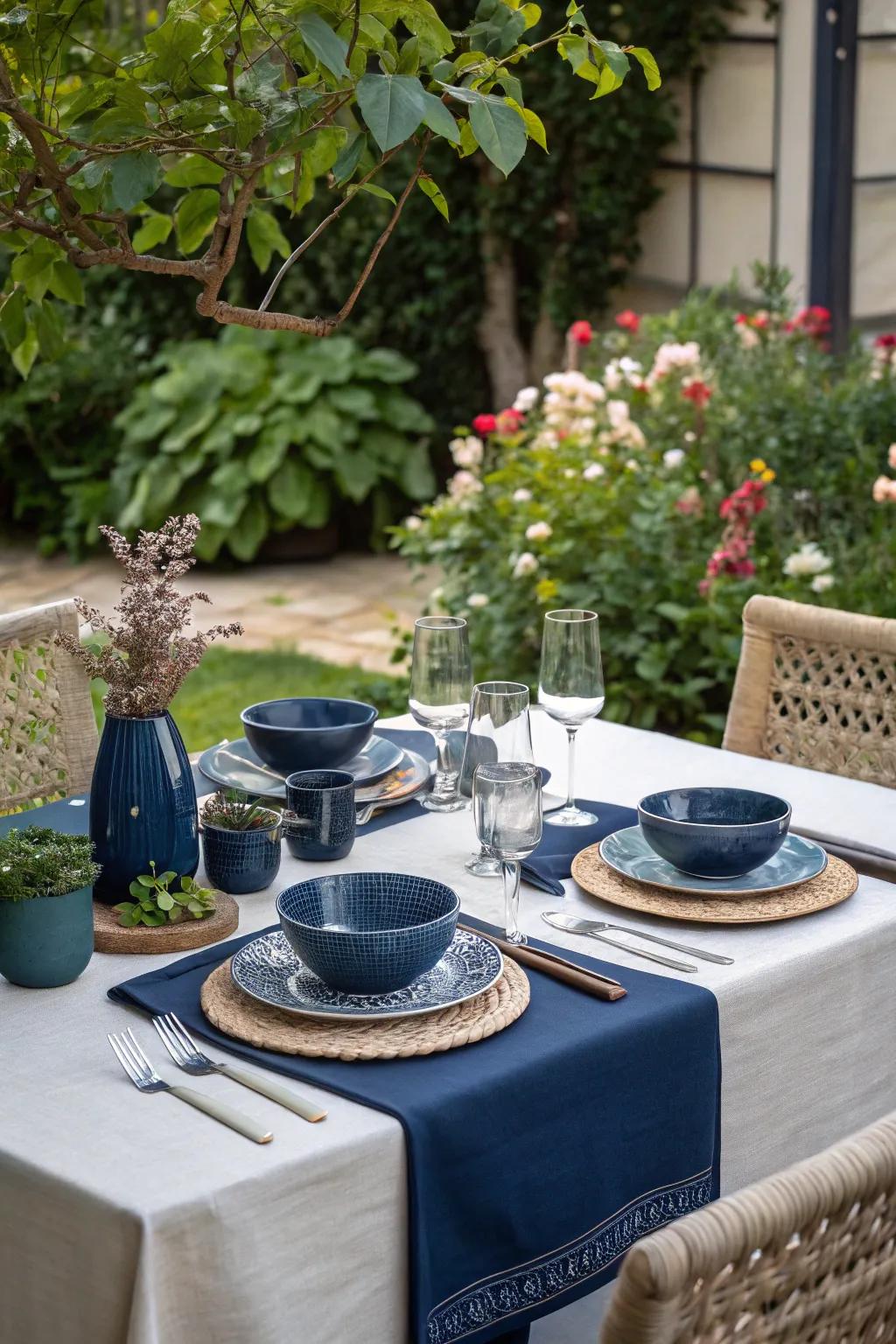 Elevate outdoor dining with navy blue accents.