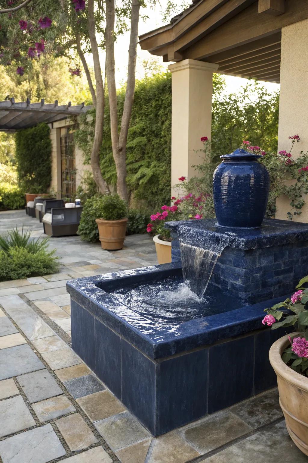 Introduce tranquility with a navy blue water feature.