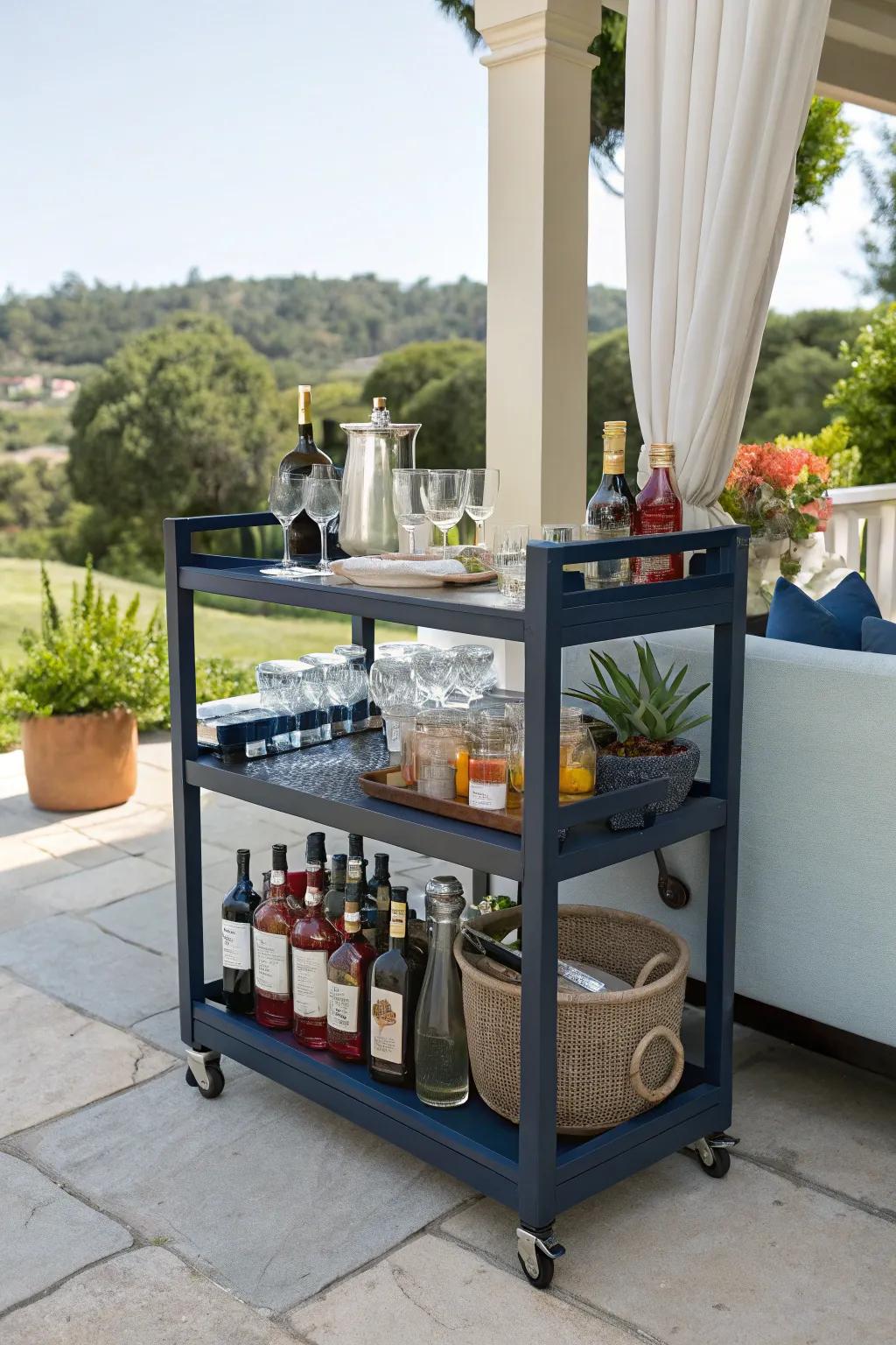 Entertain effortlessly with a navy blue bar cart.