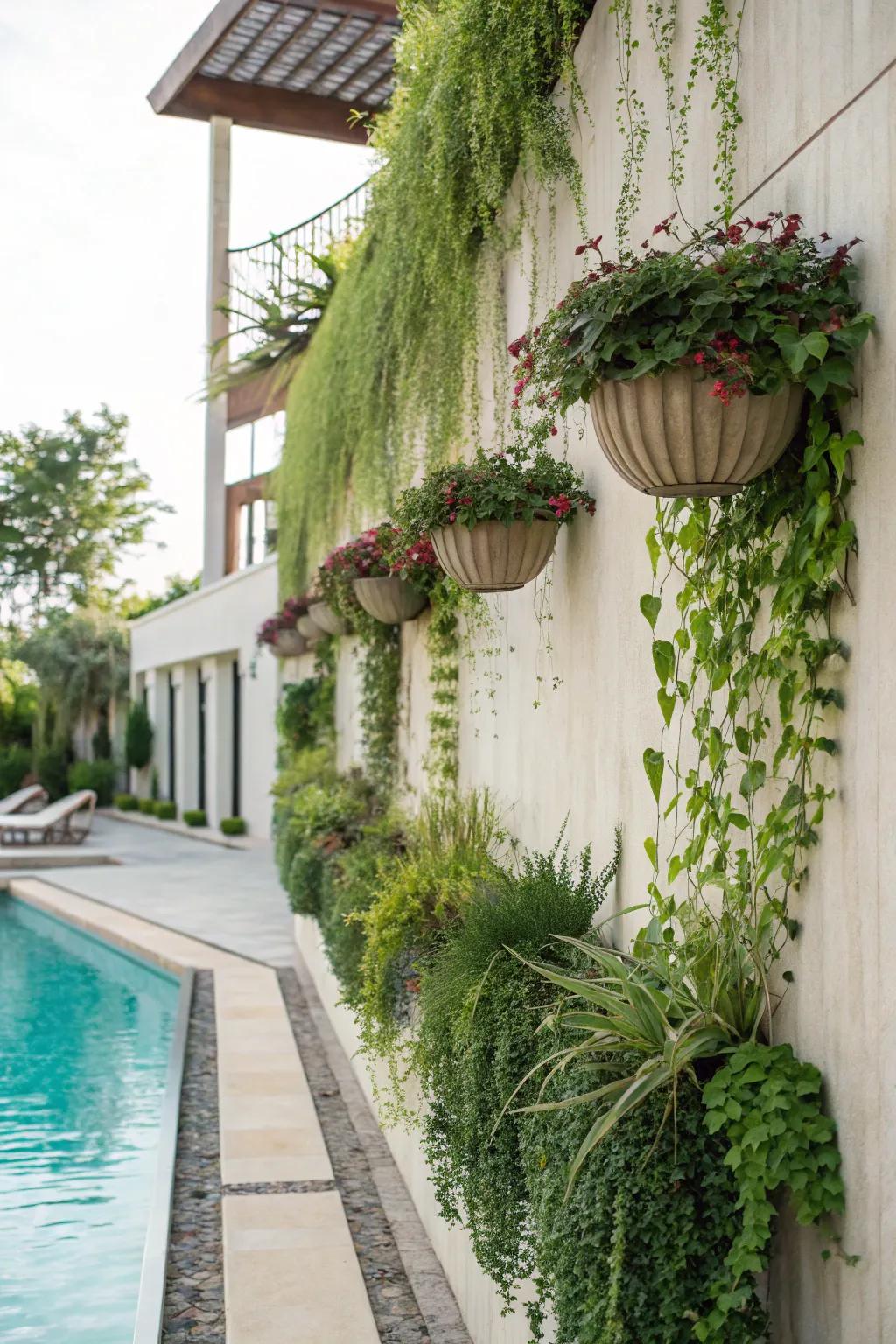 Greenery and planters add life and color.