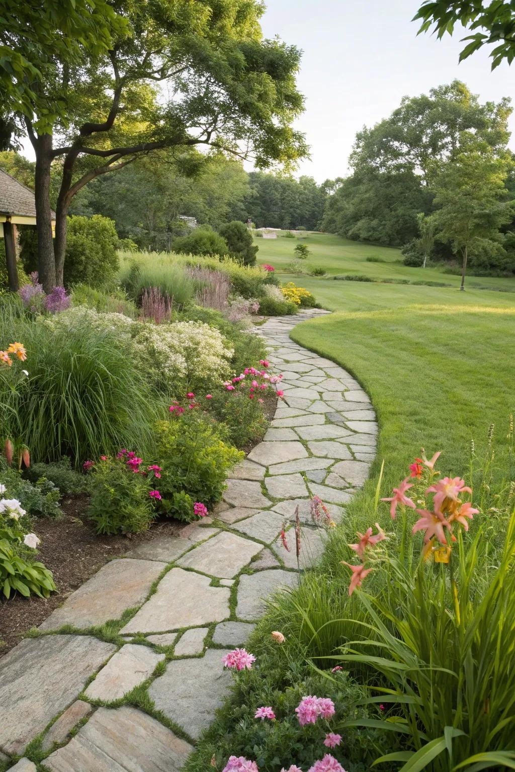 A stone pathway adds charm and direction to a large front yard.