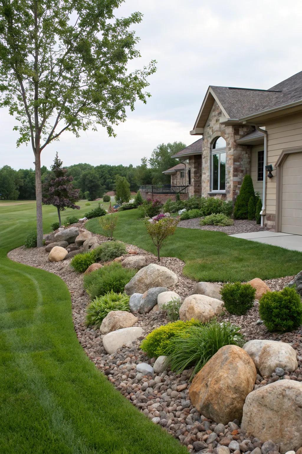 Hardscaping elements like rocks add texture and interest.