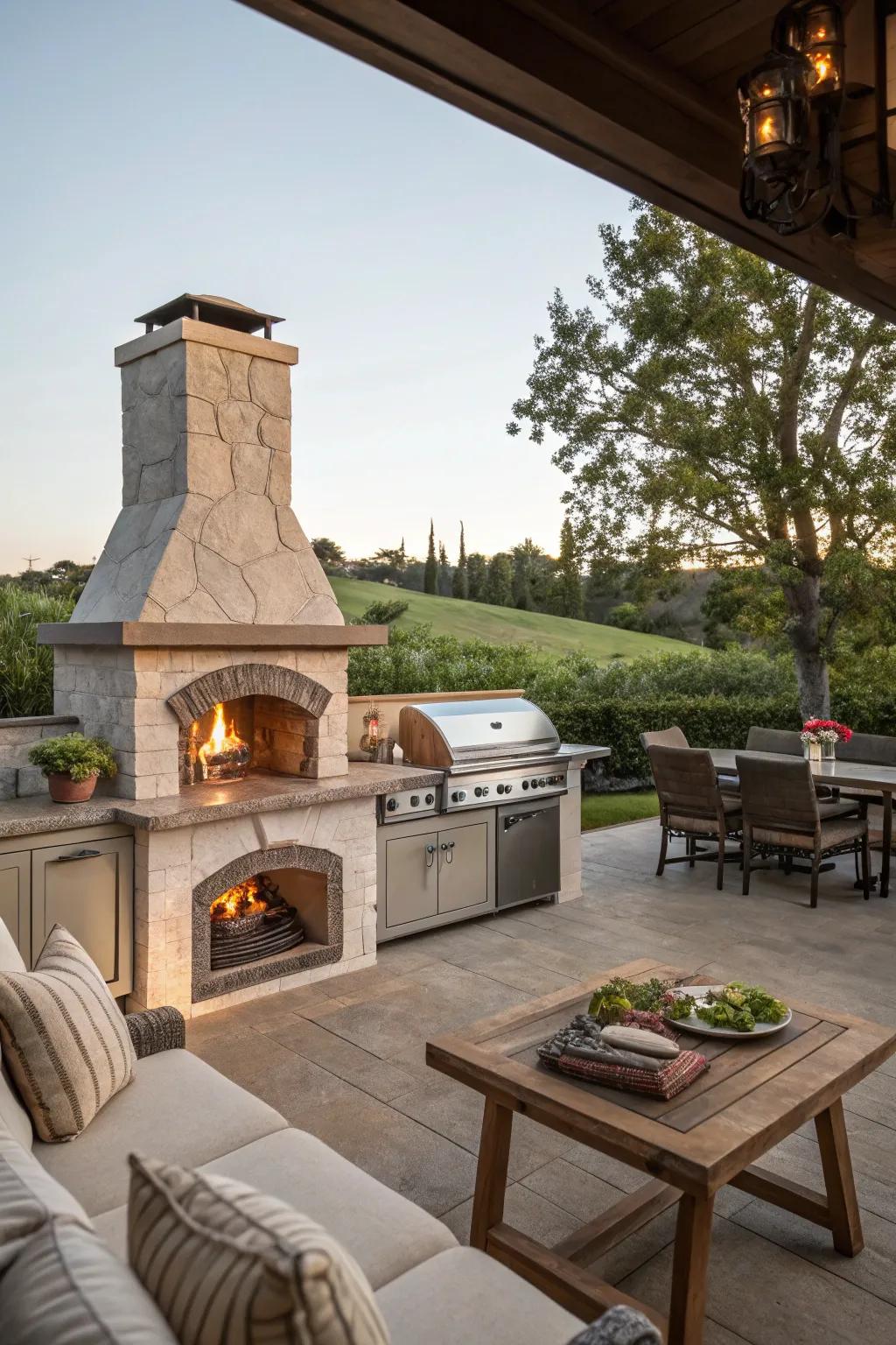 A fireplace adds warmth and charm to your BBQ area.