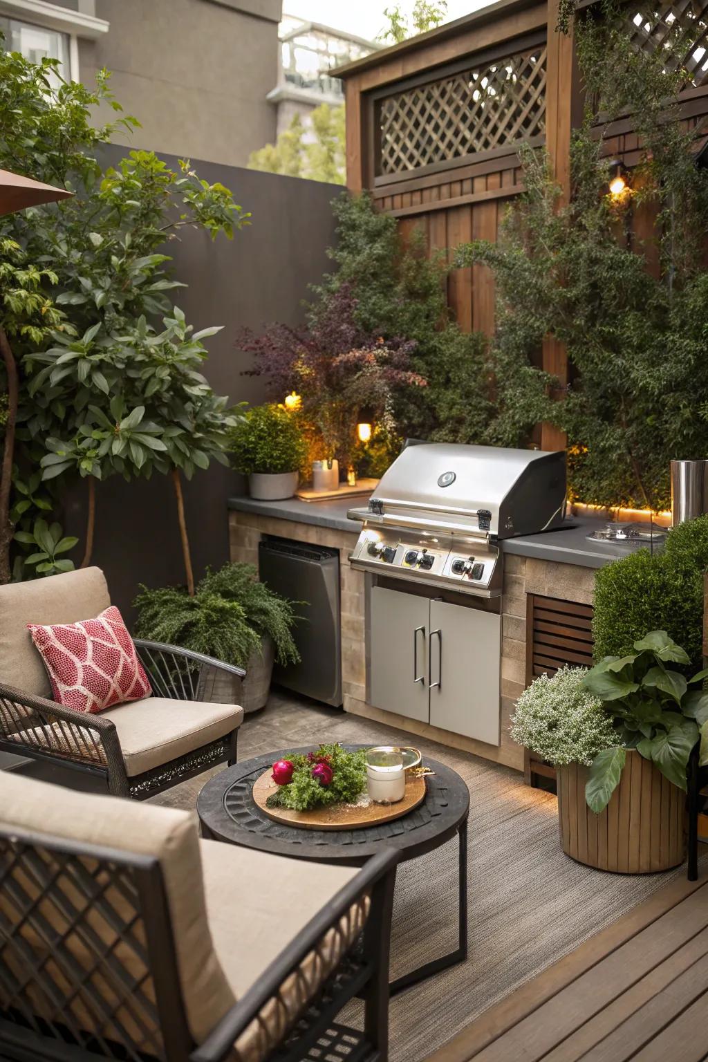 Maximize your space with a cozy corner BBQ setup.