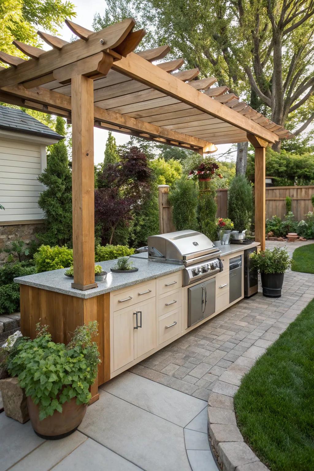 A pergola offers shade and enhances your BBQ area.