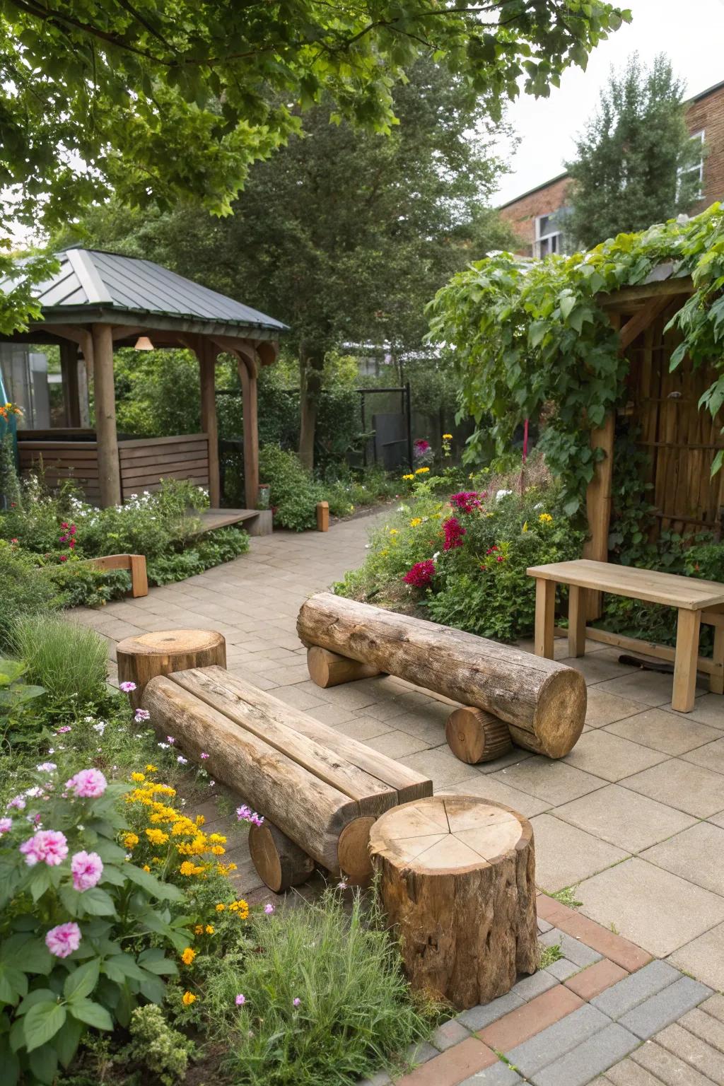 Create inviting spaces with natural seating for rest and play.