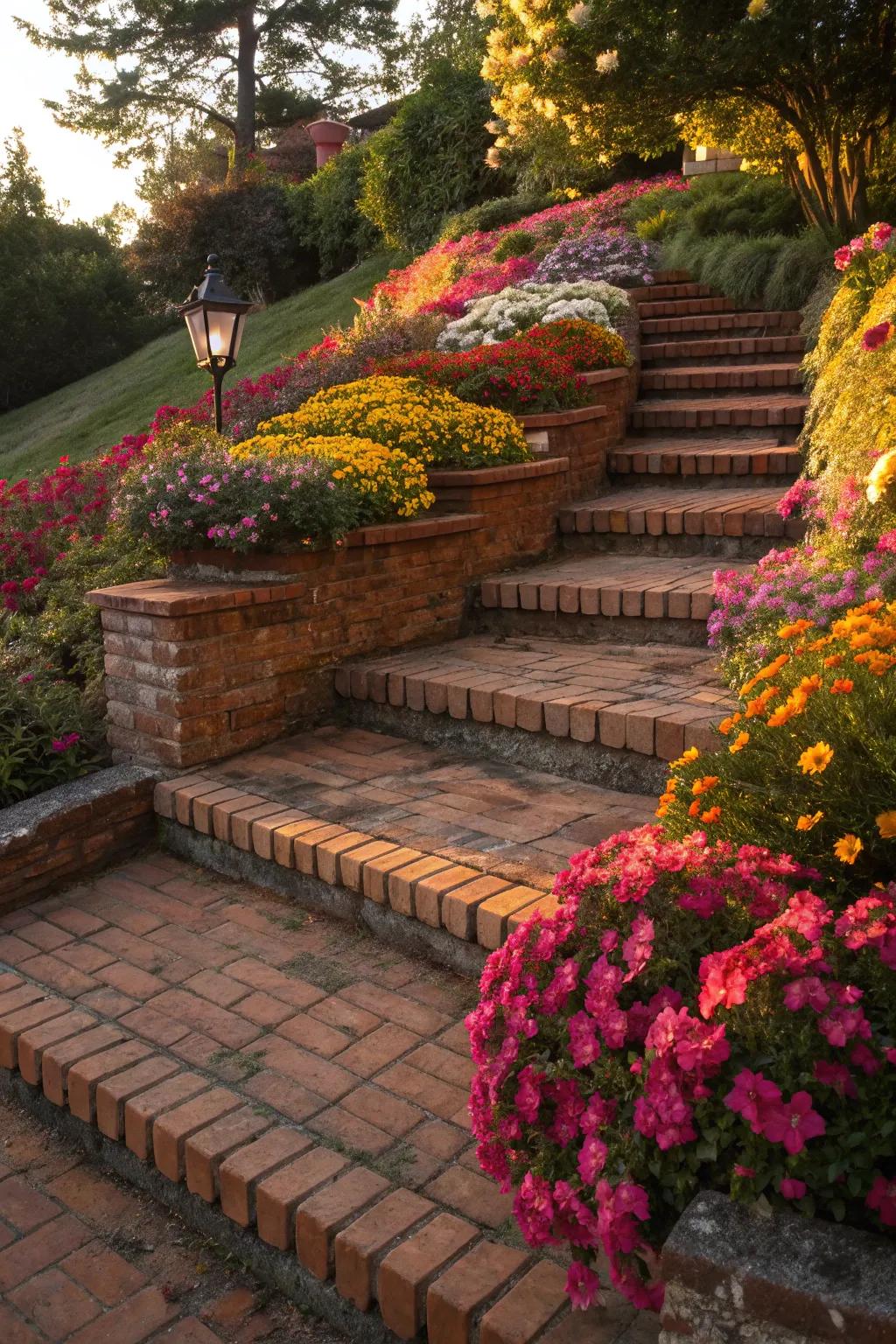 Timeless brick steps adorned with vibrant flowers.